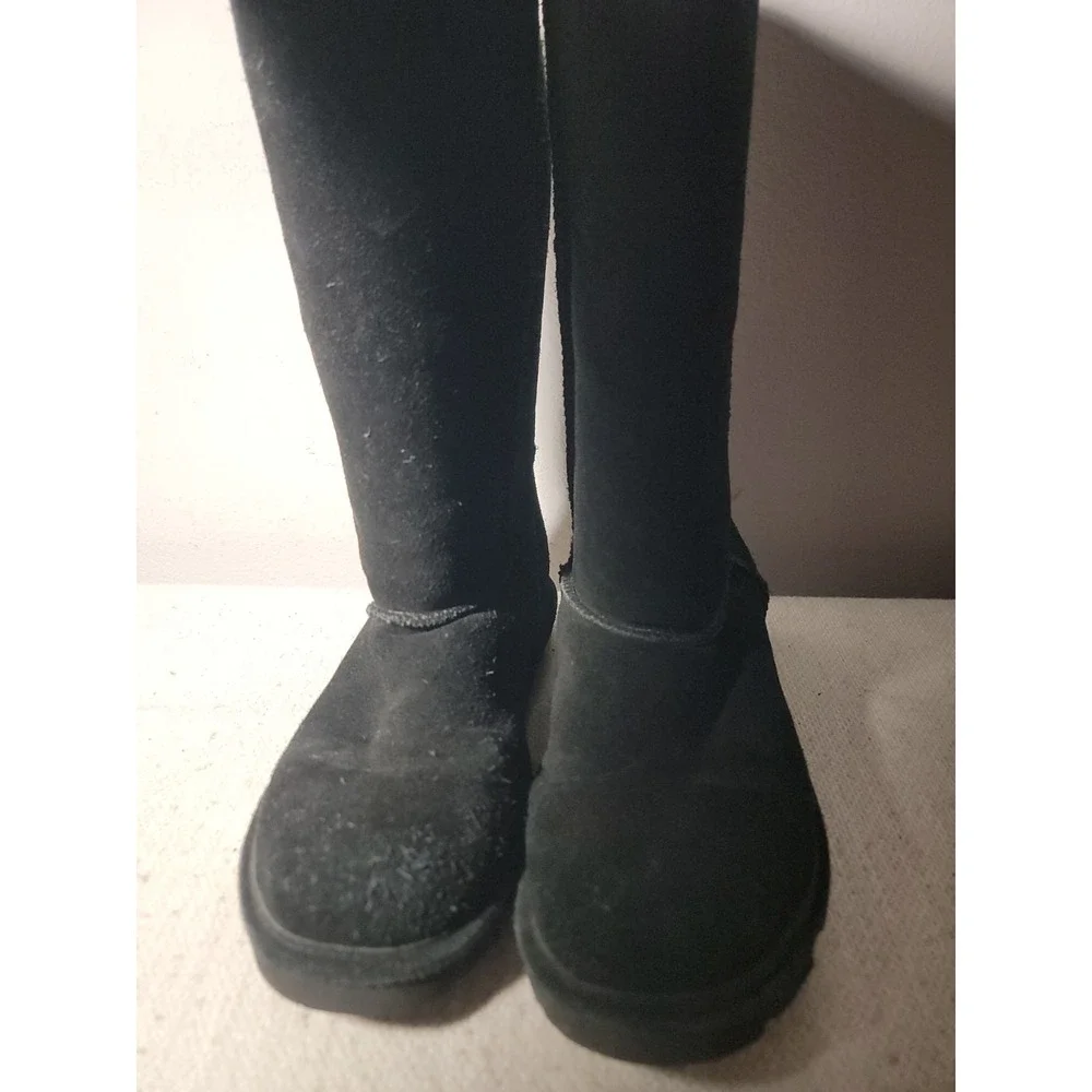 Bearpaw Elle Tall Black Suede Boots Womens Size 10 Sheepskin Wool Lined 624W